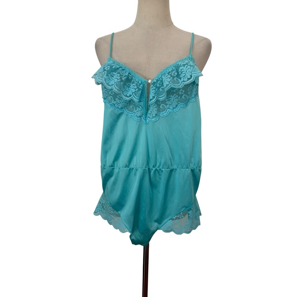 Vtg 80s Maidenform Teddy Aqua Blue Lace‎ Nylon Romper Lingerie Sz M USA Made
